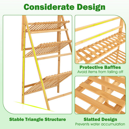 Dreamade Plant Stand Indoor Outdoor - Bamboo 3-Tier Hanging Tall Ladder Flower Pot Display Organizer Rack