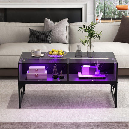 Dreamade LED Coffee Table, High Gloss Coffee Tables with 4 Storage Cubes