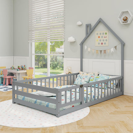 Dreamade Twin Floor Bed, House-Shaped Montessori Bed Frame with Headboard, Full-Length Guardrail