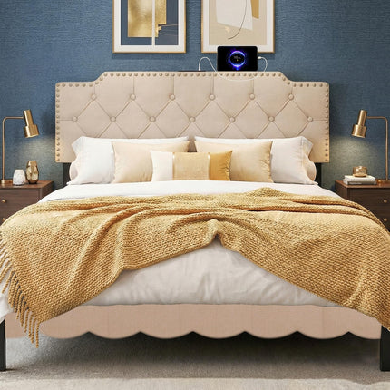 Dreamade Headboard for Queen and Full Size Bed | Rivet Tufted Upholstered Head Board w/ 2 AC Outlets