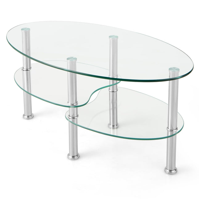 Dreamade Oval Glass Coffee Table - 3-Tier Transparent Tempered Glass Center Table with Metal Stand, 35"× 20" ×18"