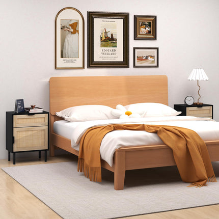 Dreamade Rattan Nightstand Set of 2, Mid Century Modern End Table with Drawer & Cabinet, Sofa Side Table with Sturdy Metal Legs