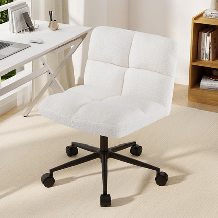 Dreamade Criss Cross Chair with Wheels, Faux Fur Cross Legged Office Chair, Armless Wide Desk Chair