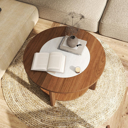Dreamade 2-Tier Round Farmhouse Living Room Coffee Table with 2-Tone Tabletop