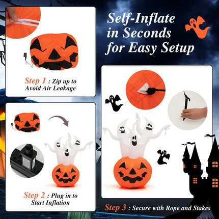 DREAMADE 6FT Lighted Halloween Inflatable Pumpkin & 3 Ghosts Combo