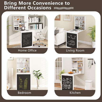 Dreamade Foldable Wall Mounted Desk with Storage Shelves Hooks & Chalkboard