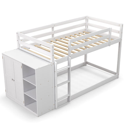 Dreamade Twin Over Twin Bunk Bed with Storage Shelves, Solid Wood Bunk Bed Frame with Convertible Bookcase & Ladder, White