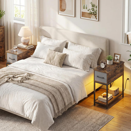 Dreamade Narrow Side Table with Charging Station and LED Lights Industrial End Table