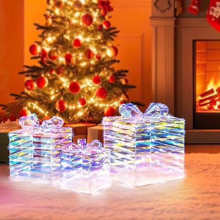 Dreamade 3 Pieces Christmas Lighted Gift Boxes, 90 LED Light up Present Boxes with Bows, Zip Ties & Ground Stakes