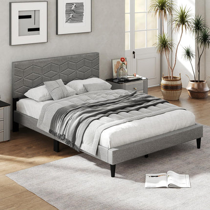 Dreamade Queen/Full/Twin Size Upholstered Bed Frame Modern Platform Bed with Linen Fabric Geometric Headboard