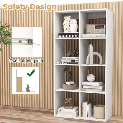 Dreamade 8-Cube Bookcase, White Cubby Bookshelf w/Back Guardrail & Anti-Tipping Kits