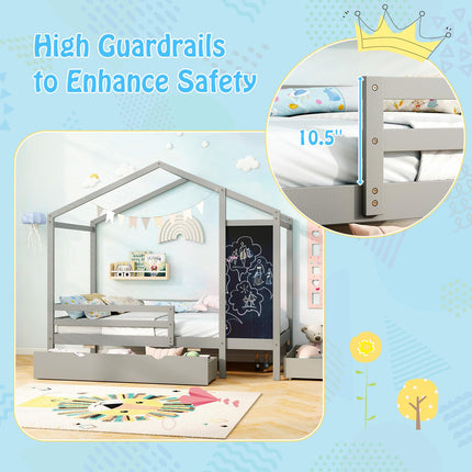 Dreamade Twin Bed with 2 Storage Drawers, Solid Wood House Bed with Blackboard & Safety Guardrails