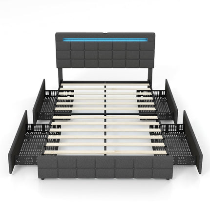 Dreamade Full/Twin Size Bed Frame with LED Lights and 4 Drawers