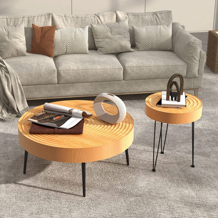 Dreamade Round Coffee Table Set of 2 - Sofa Side Nesting Table w/Solid Pine Wood Top