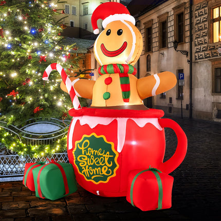 Dreamade 7 Ft Christmas Inflatable, Blow up Pre-Lit Gingerbread Man in Mug with Gift Boxes & Candy Cane