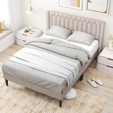 Dreamade Queen Size Dutch Velvet/Linen Fabric Upholstered Platform Bed with Wingback Headboard and Wooden Slat Support