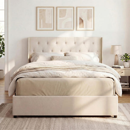 Dreamade Modern Linen Upholstered Platform w/Button Tufted Wingback Headboard & Hydraulic Support