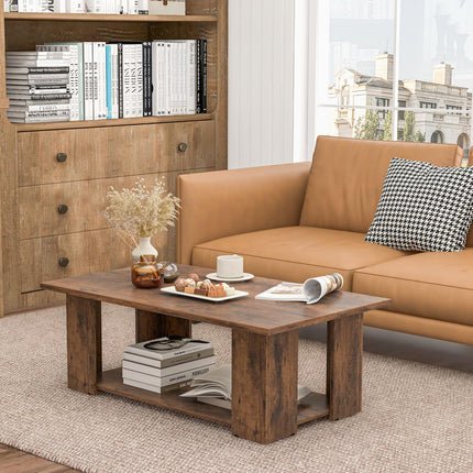 Dreamade Rectangle Wood Center Table, 41" L 2-Tier Large Modern Tea Table w/Open Compartment