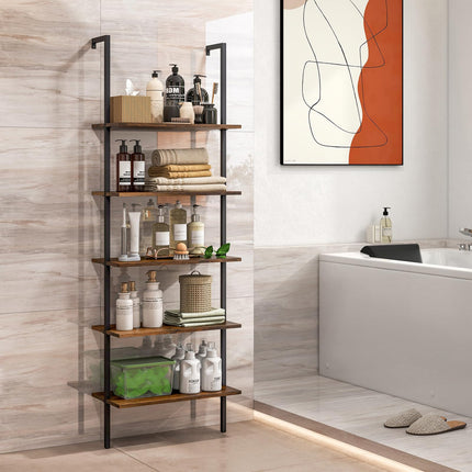 Dreamade 5 Tier Modern Wall Mounted Bookshelf, 71'' White and Gold Wood Bookcase with Steel Frame