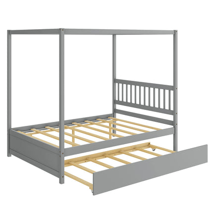 Dreamade Canopy Bed w/ Trundle, Full Size Kids Solid Wood Platform Bed Frame