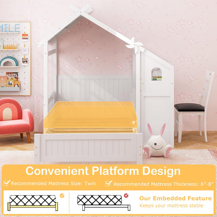 Dreamade Twin House Bed with Desk & Chair, Wood Kids Playhouse Bed with 2 Drawers