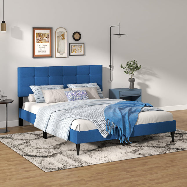 Dreamade Queen/Twin Size Platform Bed Frame with Button Tufted Headboard and Wooden Slats