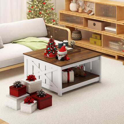 Dreamade Farmhouse Coffee Table 31 Inch Square Wood Coffee Table with Storage Shelf