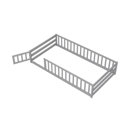 Dreamade Twin Floor Bed with Door & Fence, Kids Wood Montessori Bed with Safety Guardrails