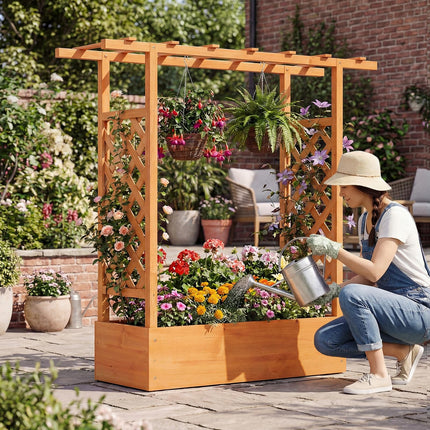 Dreamade Wooden Raised Garden Bed with Trellis & Hanging Roof