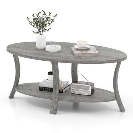 Dreamade 44 Inch Oval Coffee Table 2-Tier Center Table with Storage Shelf & Rubber Wood Frame