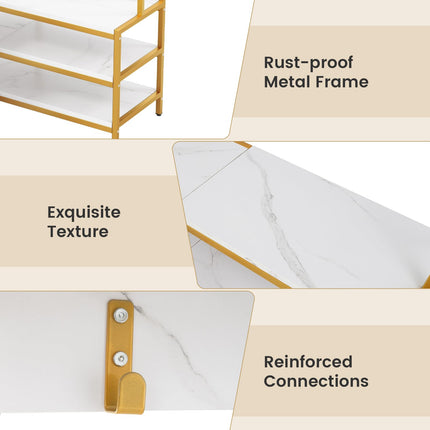 Dreamade Corner Coat Rack with Shoe Bench, L-shaped Garment Rack with 5 Shelves & 7 Hooks