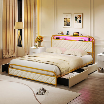 Dreamade Queen/Full/Twin Size Bed Frame with 4 Storage Drawers and Charging Station