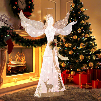 Dreamade Pre-lit 3D Glittered Angel with 100 Warm White Lights Halo Bow Ground Stakes
