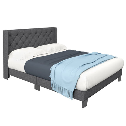 Dreamade Queen/Full/Twin Size Bed Frame with Button Tufted Headboard, Modern Fabric Upholstered Platform Bed with Wingback Design, Grey