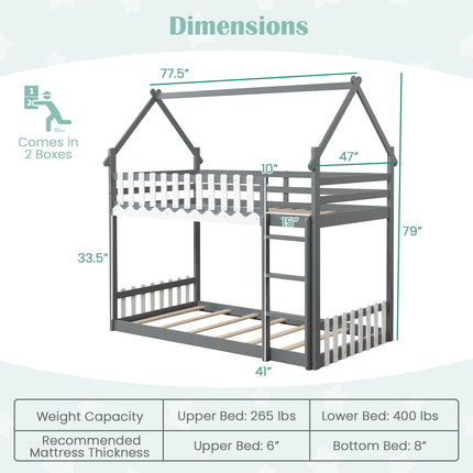 Dreamade Bunk Bed Twin Over Twin, Wood House Low Bunk Bed with Ladder & Fence Safety Guardrail