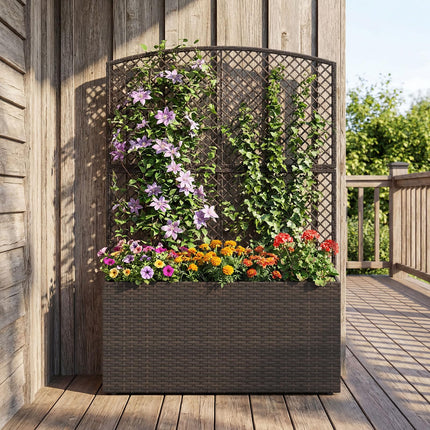 Dreamade Raised Garden Bed with Trellis | 58'' Tall PE Rattan Planter Box w/Liner & Drainage