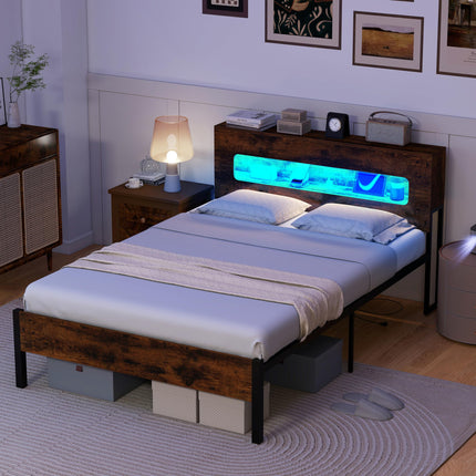 Dreamade Full Size Bed Frame with LED Lights & Charging Station