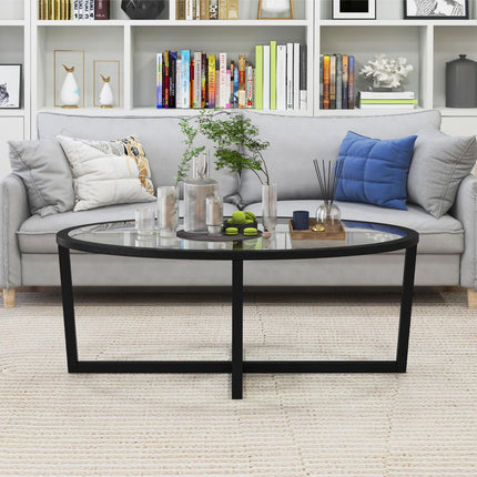 Dreamade Glass Coffee Table, 46.5" Oval Accent Sofa Tea Table with Tempered Glass Top, Cross Base & Acacia Wood Legs