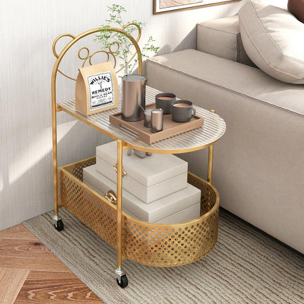 Dreamade Mobile Glass Coffee Table, 2-Tier Modern Cocktail Table with Bear Pattern, Storage Basket & Metal Frame