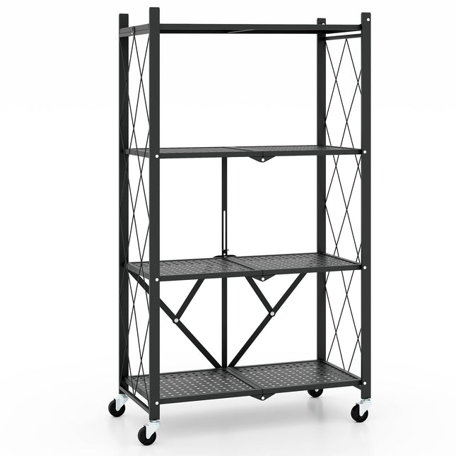 Dreamade 4-Tier Foldable Storage Shelf, Collapsible Shelving Unit Display with Lockable Wheels