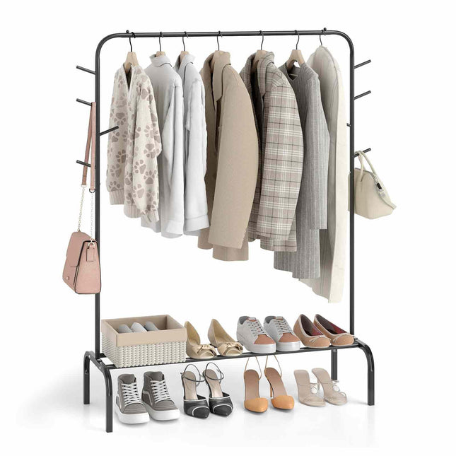 Dreamade 50" Wide Freestanding Garment Rack with Hanging Rod 8 Hooks & Storage Shelf