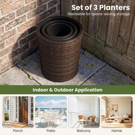 Dreamade Set of 3 Plastic Planters | 14 & 11 & 9 Inch Taper Rattan Planters with Drainage Holes and Saucers