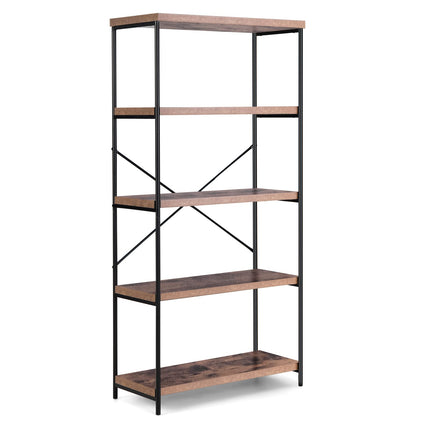 Dreamade Industrial 5-Tier Wood Bookshelf - 63’’ Tall Open Storage Organizer Shelves with Anti-Tipping Device and Foot Pads