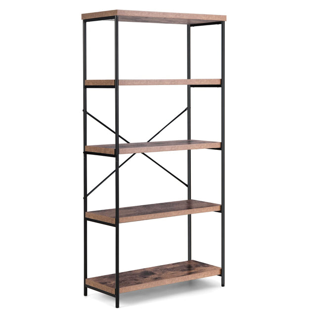 Dreamade Industrial 5-Tier Wood Bookshelf - 63’’ Tall Open Storage Organizer Shelves with Anti-Tipping Device and Foot Pads