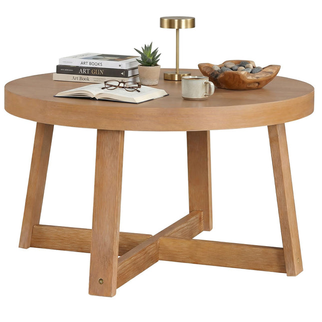 Dreamade 30" Wood Center Table with Thickened Tabletop & Cross-Shaped Pine Wood Frame