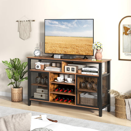 Dreamade Coffee Bar Cabinet for Liquor and Glasses, 55” Buffet Sideboard with 8-Bottle Wine Racks, 6 Rows of Wine Glass Holders