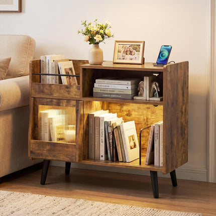 Dreamade Large Record Player Stand with LED Light& Sliding Door
