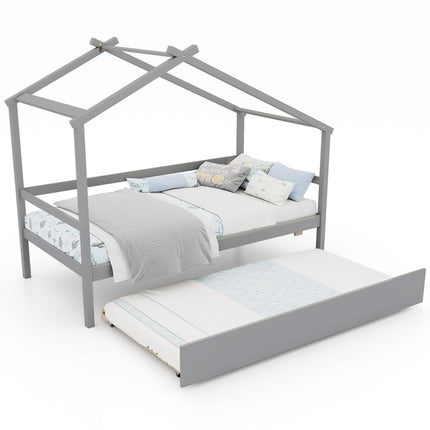 Dreamade Wood House Bed for Kids, Twin Bed Frame with Trundle Bed Twin