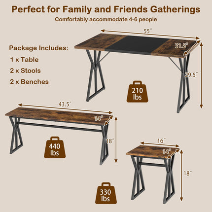 Dreamade 55" Kitchen Table with 2 Benches & 2 Stools with X-Shaped Metal Frame