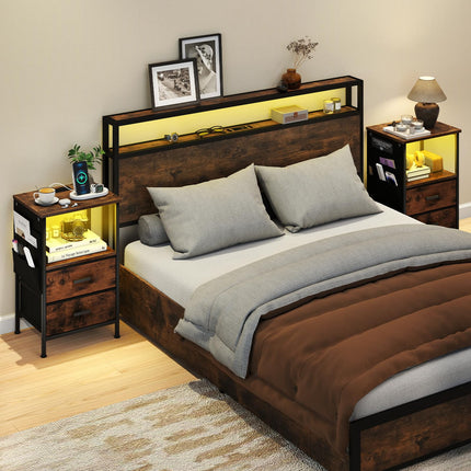 Dreamade Night Stand with Charging Station | LED Sofa End Table w/2 Folding Fabric Drawers